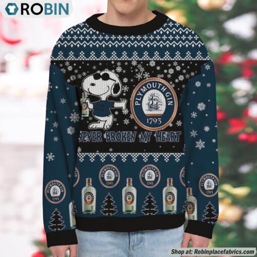 Snoopy Plymouth Gin Never Broke My Heart Christmas Ugly Sweatshirt and Sweater