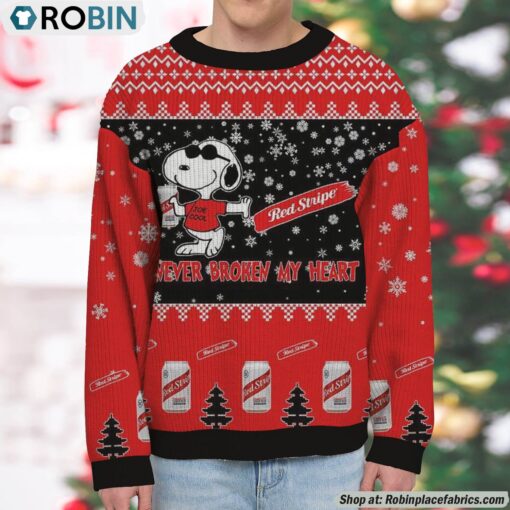 Snoopy Red Stripe Never Broke My Heart Christmas Ugly Sweatshirt and Sweater