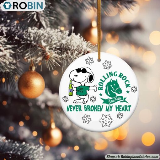 Snoopy Rolling Rock Never Broke My Heart Christmas Ornament