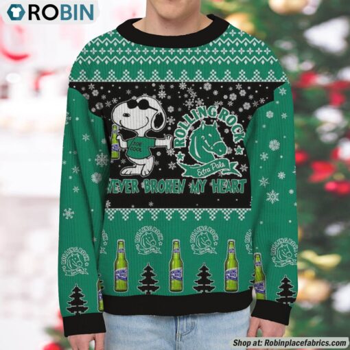Snoopy Rolling Rock Never Broke My Heart Christmas Ugly Sweatshirt and Sweater