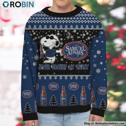 Snoopy Sam Adams Boston Lager Beer Never Broke My Heart Christmas Ugly Sweatshirt and Sweater