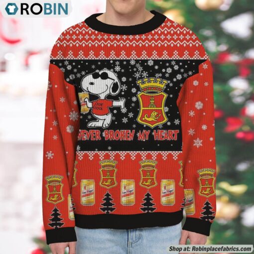 Snoopy San Miguel beer Never Broke My Heart Christmas Ugly Sweatshirt and Sweater