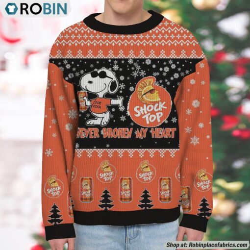 Snoopy Shock Top Never Broke My Heart Christmas Ugly Sweatshirt and Sweater
