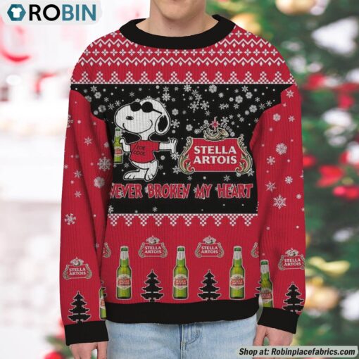 Snoopy Stella Artois Beer Never Broke My Heart Christmas Ugly Sweatshirt and Sweater