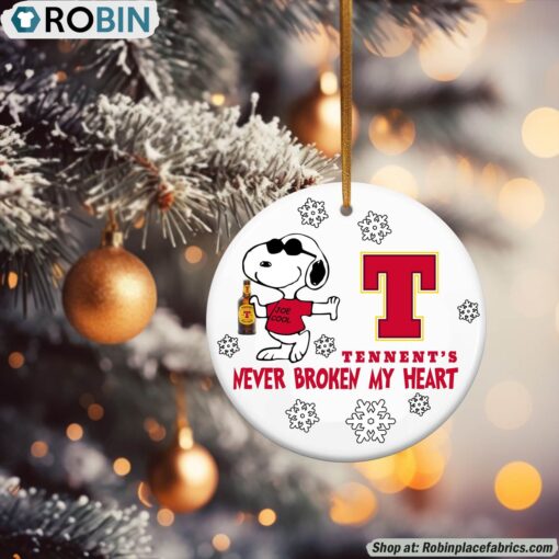 Snoopy Tennent’s Lager beer Never Broke My Heart Christmas Ornament