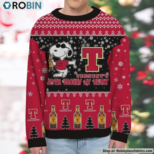 Snoopy Tennent’s Lager beer Never Broke My Heart Christmas Ugly Sweatshirt and Sweater