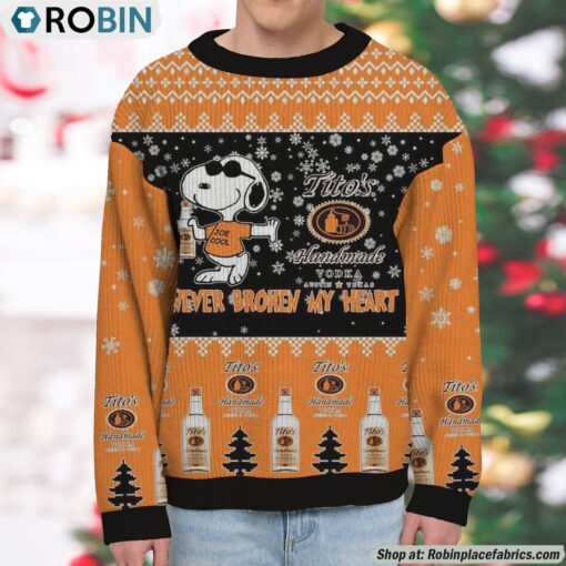Snoopy Tito’s Handmade Vodka Never Broke My Heart Christmas Ugly Sweatshirt and Sweater