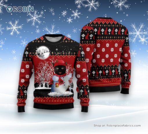 Snowman Black Cat Ugly Christmas Sweater, Christmas Gift For Cat Love