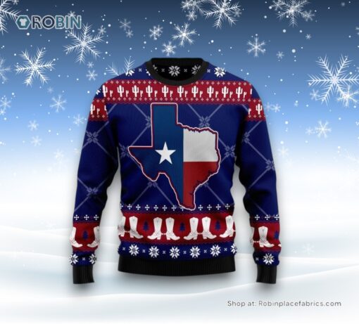 Texas Map And Cowboy Boots Pattern Ugly Christmas Sweatshirt, Sweater For Men And Women, Farm Ugly Sweater