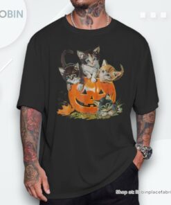 Vintage 90S Cat Pumpkin Halloween Retro Floral Spooky Season Shirt
