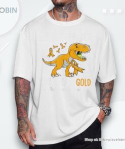 We Wear Gold Childhood Cancer Awareness Ribbon Dinosaur Shirt