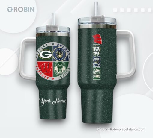 Wisconsin Sports Logo Team Custom Name Handle Cup Green Tumbler 40oz