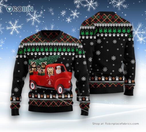 Yorkshire Terrier And Red Truck Ugly Christmas Sweater