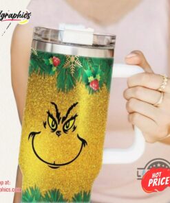 40Oz Tumbler The Grinch Face Yellow Faux Glitter Cups The Grinch Who Stole Christmas