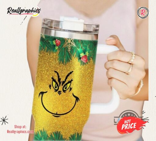 40Oz Tumbler The Grinch Face Yellow Faux Glitter Cups The Grinch Who Stole Christmas