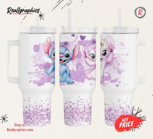 Angel And Stitch Tumbler 40 Oz Disney Cartoon Stanley Cups Dupe 40Oz Lilo And Stitch Stainless Steel Cup With Handle Valentines Day Gift For Couples