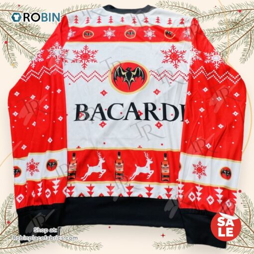 Bacardi Christmas Ugly Sweater   Red & White Holiday Party Attire with Iconic Bat Logo