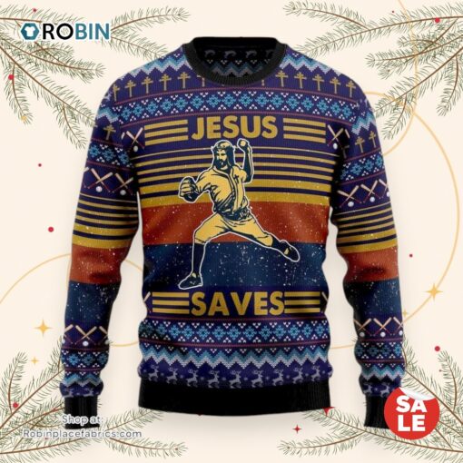 Baseball Jesus Save Ugly Christmas Sweater, Jesus Christmas Sweater