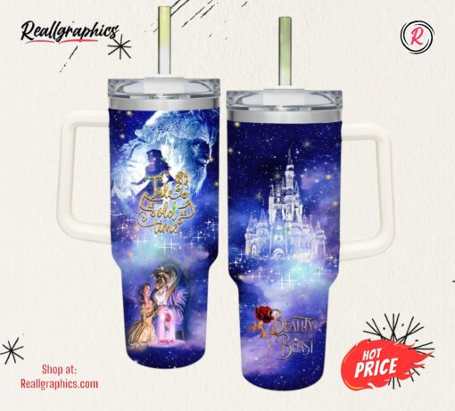Beauty &amp the Beast Castle Glitter Pattern 40oz Tumbler with Handle and Straw Lid