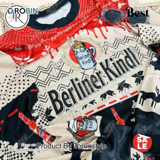 Berliner Kindl Christmas Sweater   Festive Ugly Sweater with Beer Bottles & Snowflakes, Holiday Knit for Men and Women