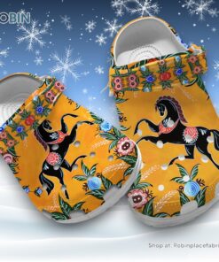 Black Horse with Flower Pattern 3D Printed Crocs Clogs Shoes