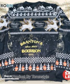 Blanton’s Bourbon Christmas Sweater   Festive Ugly Sweater with Reindeer & Bourbon Bottles, Holiday Knit for Men and Women