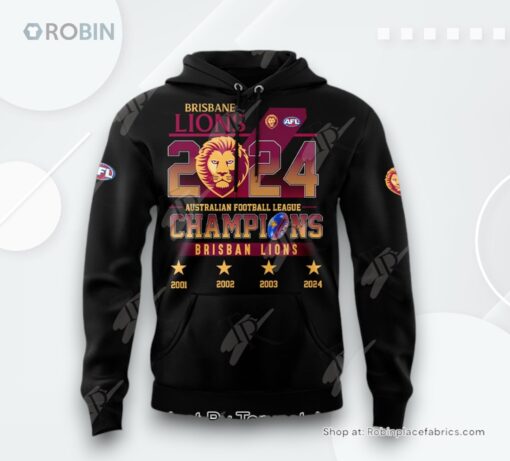 Brisbane Lions 2024 Autralian Football League Champions AOP Clothing (Hoodie, Sweatshirt, T Shirt)   Black