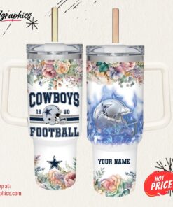 Custom Name Cowboys Helmet Flame Pattern 40oz Stainless Steel Tumbler with Handle and Straw Lid