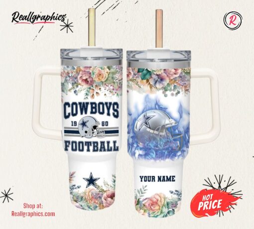 Custom Name Cowboys Helmet Flame Pattern 40oz Stainless Steel Tumbler with Handle and Straw Lid