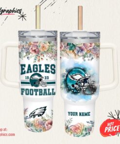 Custom Name Eagles Helmet Flame Pattern 40oz Stainless Steel Tumbler with Handle and Straw Lid