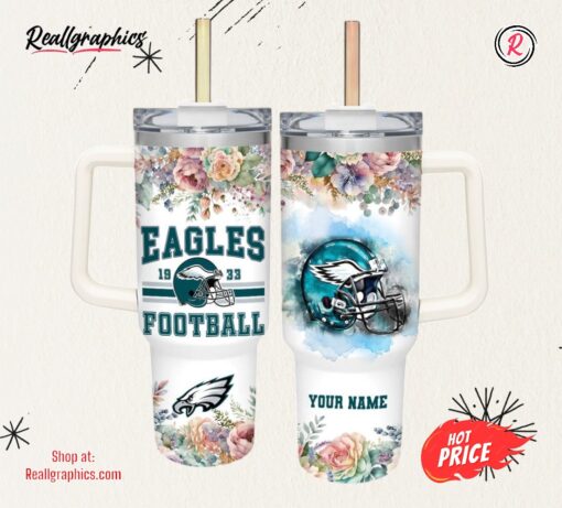 Custom Name Eagles Helmet Flame Pattern 40oz Stainless Steel Tumbler with Handle and Straw Lid
