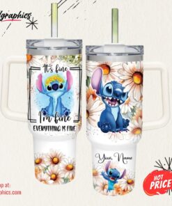 Custom Name Everything Is Fine Stitch Daisy Flower Pattern 40oz Stainless Steel Tumbler with Handle and Straw Lid