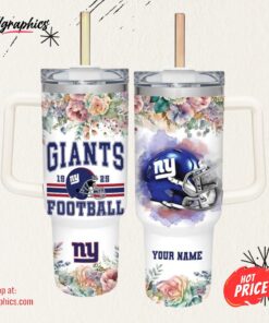 Custom Name Giants Helmet Flame Pattern 40oz Stainless Steel Tumbler with Handle and Straw Lid