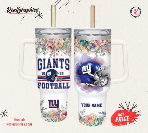 Custom Name Giants Helmet Flame Pattern 40oz Stainless Steel Tumbler with Handle and Straw Lid