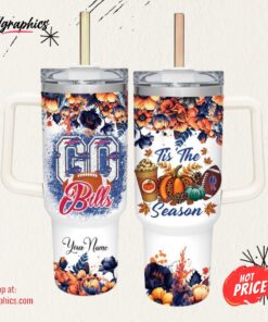 Custom Name Go Bills Tis The Season Flower Pattern 40oz Stainless Steel Tumbler with Handle and Straw Lid