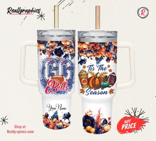 Custom Name Go Bills Tis The Season Flower Pattern 40oz Stainless Steel Tumbler with Handle and Straw Lid