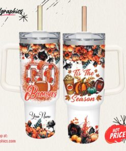 Custom Name Go Browns Tis The Season Flower Pattern 40oz Stainless Steel Tumbler with Handle and Straw Lid
