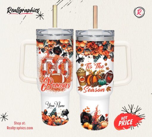 Custom Name Go Browns Tis The Season Flower Pattern 40oz Stainless Steel Tumbler with Handle and Straw Lid
