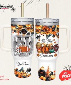 Custom Name Go Raiders Tis The Season Flower Pattern 40oz Stainless Steel Tumbler with Handle and Straw Lid