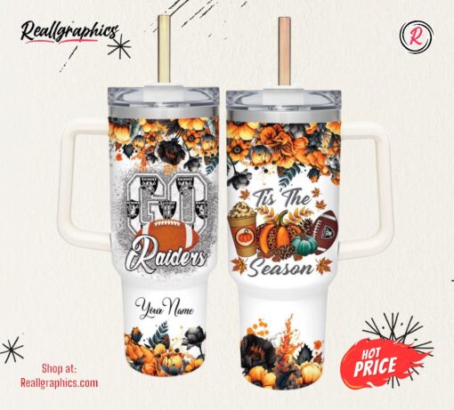 Custom Name Go Raiders Tis The Season Flower Pattern 40oz Stainless Steel Tumbler with Handle and Straw Lid