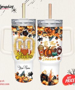 Custom Name Go Steelers Tis The Season Flower Pattern 40oz Stainless Steel Tumbler with Handle and Straw Lid