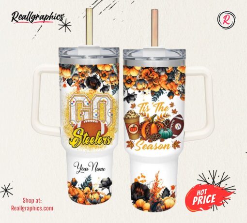 Custom Name Go Steelers Tis The Season Flower Pattern 40oz Stainless Steel Tumbler with Handle and Straw Lid