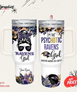 Custom Name I’m The Psychotic Ravens Girl Flower Pattern 40oz Stainless Steel Tumbler and Straw Lid