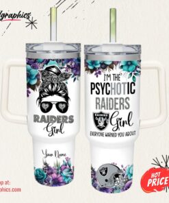 Custom Name I’m The Psychotic Raiders Girl Flower Pattern 40oz Stainless Steel Tumbler and Straw Lid