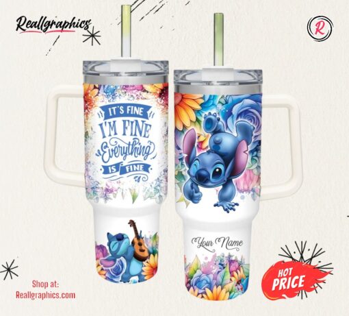Custom Name It’s Fine I’m Fine Stitch Colorful Flower Pattern 40oz Stainless Steel Tumbler with Handle and Straw Lid