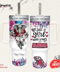Custom Name Just A Girl Loves Alabama Mascot Flower Pattern 40Oz Stainless Steel Tumbler With Handle