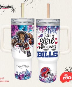 Custom Name Just A Girl Loves Bills Mascot Flower Pattern 40oz Stainless Steel Tumbler with Handle and Straw Lid