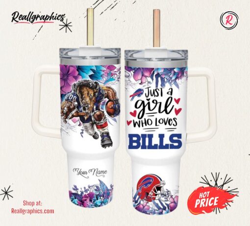 Custom Name Just A Girl Loves Bills Mascot Flower Pattern 40oz Stainless Steel Tumbler with Handle and Straw Lid