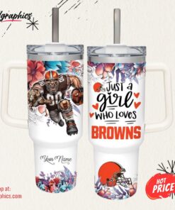 Custom Name Just A Girl Loves Browns Mascot Flower Pattern 40oz Stainless Steel Tumbler with Handle and Straw Lid