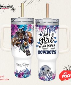 Custom Name Just A Girl Loves Cowboys Mascot Flower Pattern 40Oz Stainless Steel Tumbler With Handle